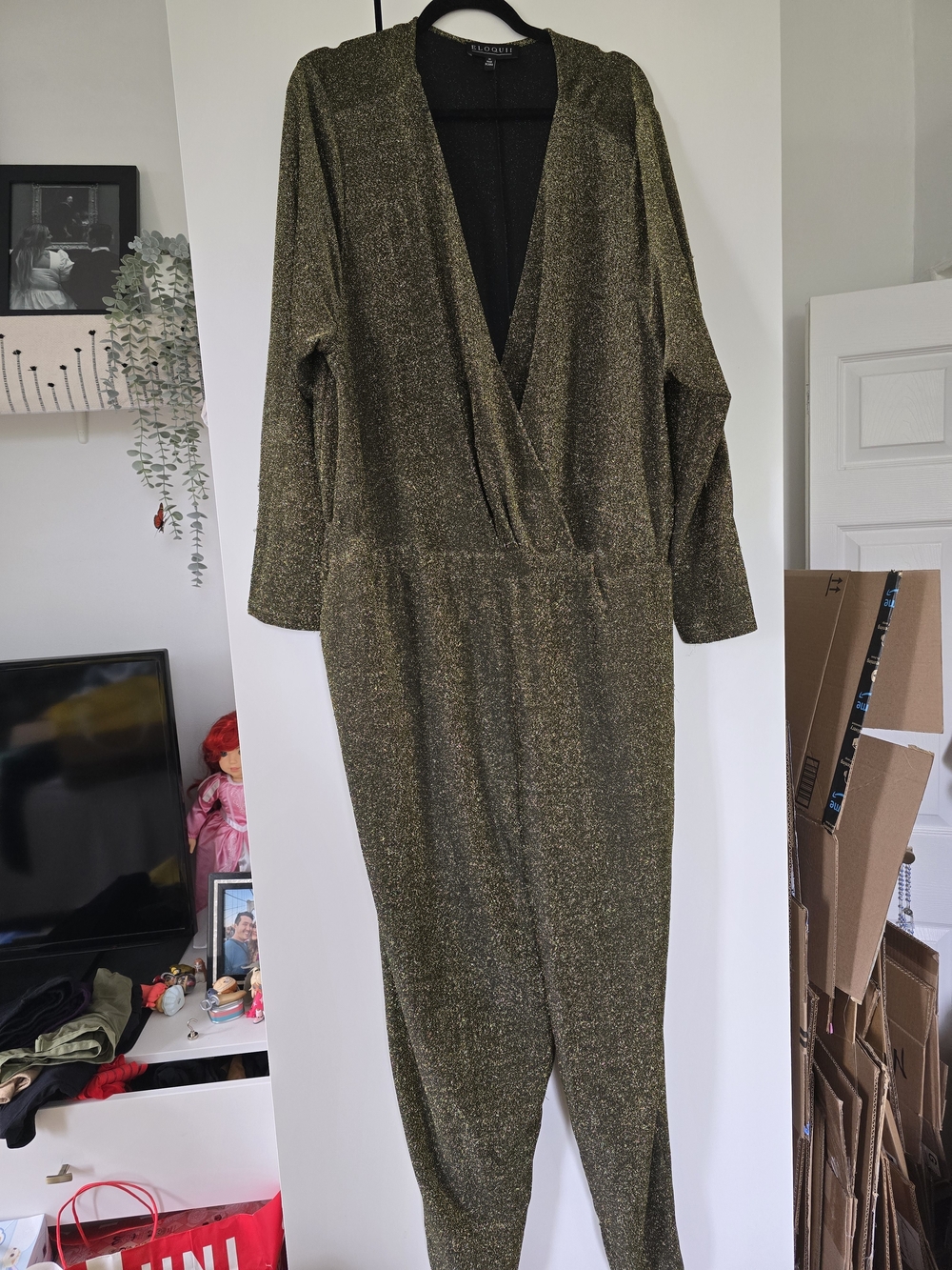 Eloquii Metallic Gold Surplice Long-Sleeve Jumpsuit